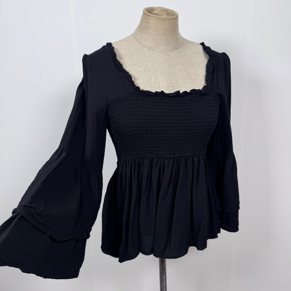 Babydoll Peplum S Dark Romantic Whimsigoth Smocked Bell Sleeve Black Top Boho